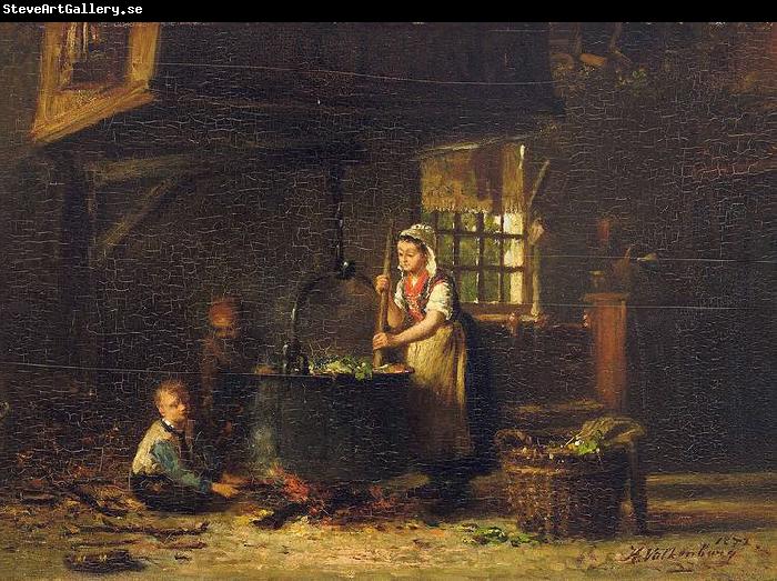 Hendrik Valkenburg An old kitchen with a mother and two children at the cauldron